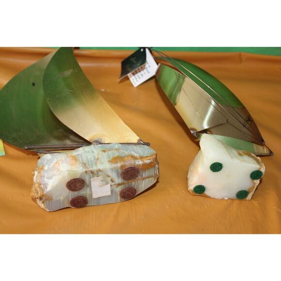 Vintage Pair Brass Metal Steel Onyx Sailboat Sculptures DeMott And Mario Jason - Picture 12 of 16